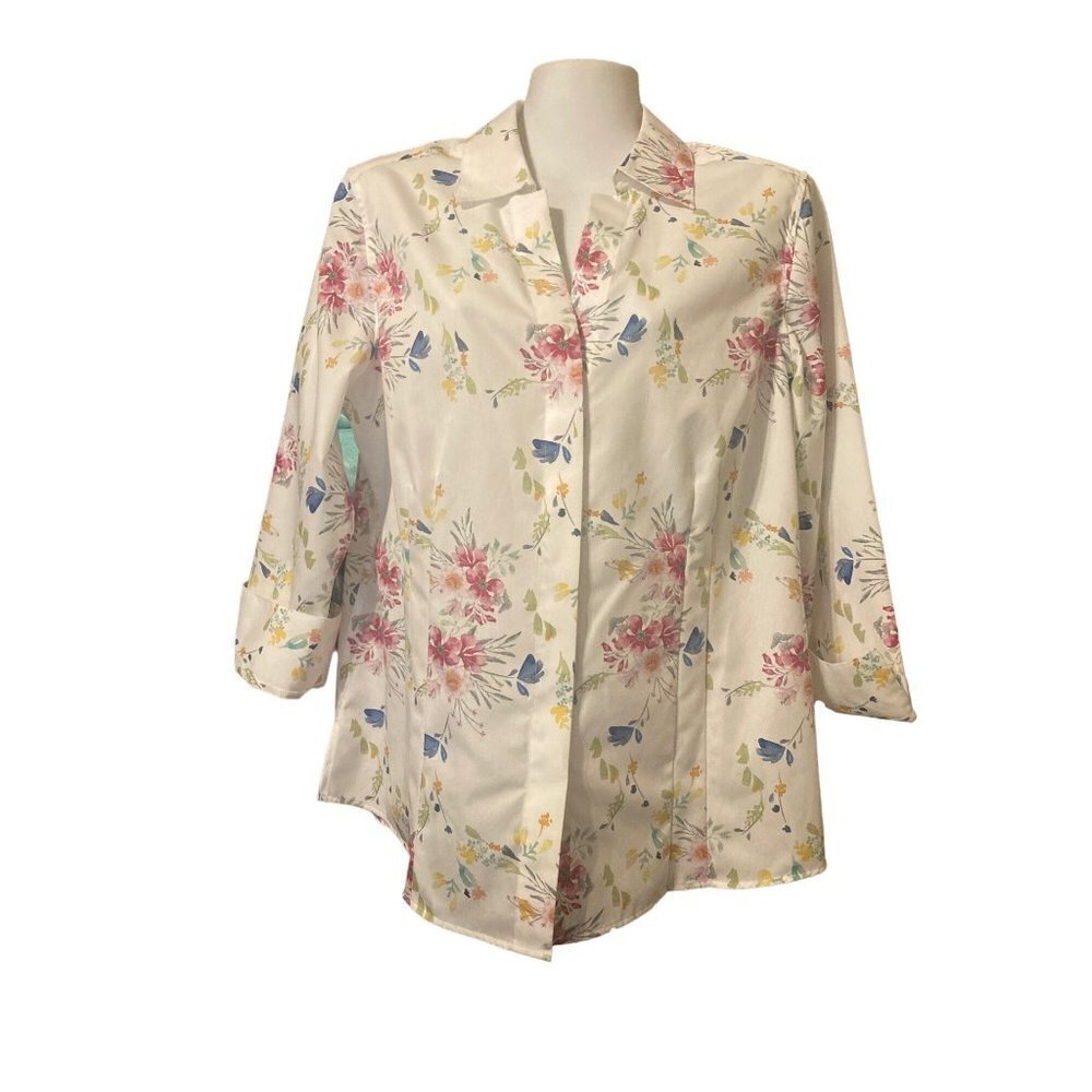 Investments Taylor Non -Iron Shirt Gold Label Women's 12 White Floral Cotton NWT